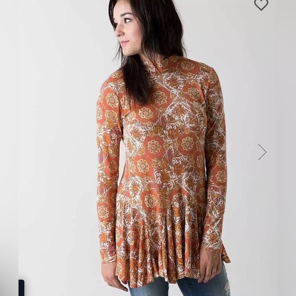 Free People Orange Floral Geometric Mock Neck Top Long Sleeve Tunic Size Small - Picture 1 of 13